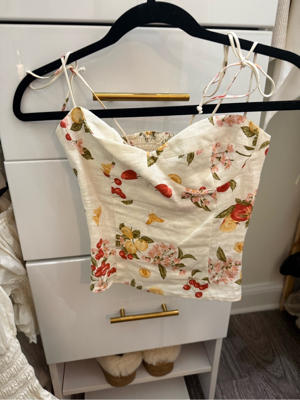 Reformation Linen Fruit Print Corset Cami Top Size 0 Cherry Lemon Floral